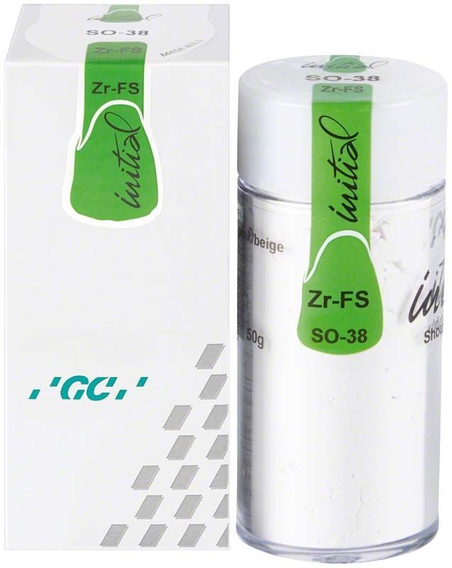 GC Initial Zr-FS Shoulder Opaque 50g, Verpackung und Dose mit grünem Etikett.
