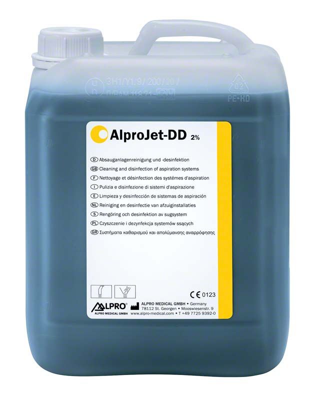AlproJet DD 5-Liter-Kanister für Absauganlagendesinfektion in Zahnarztpraxen.