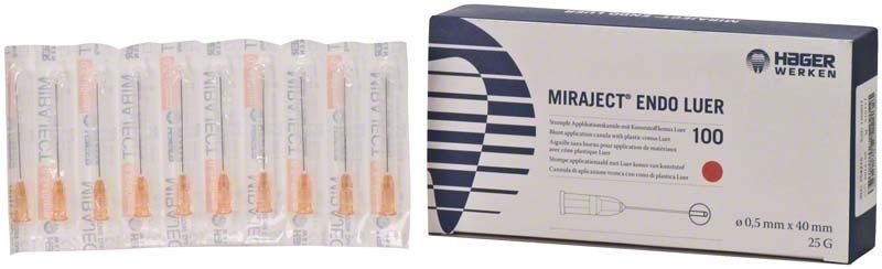 Miraject Endo Luer 25G Kanülenverpackung und einzelne sterile Kanülen.
