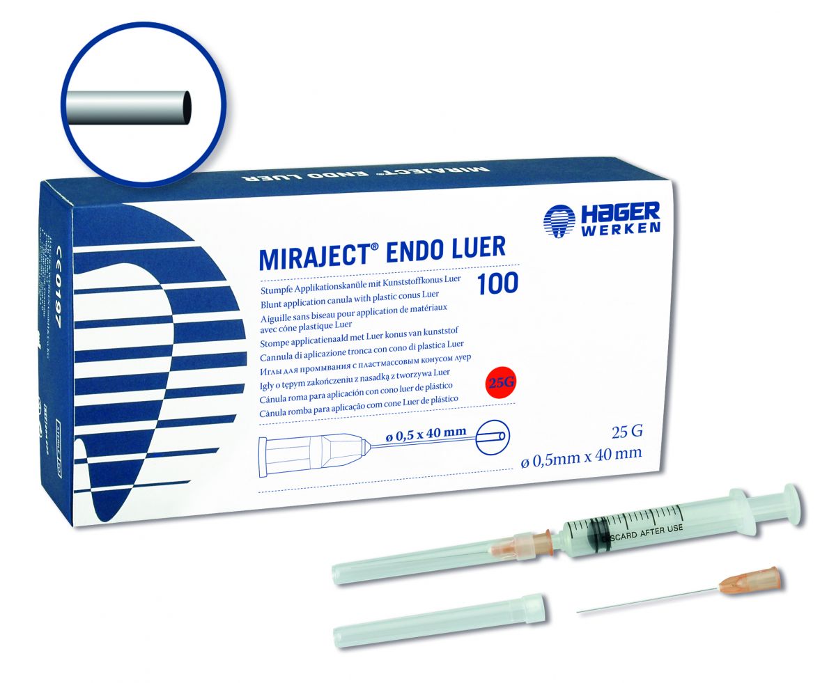 Miraject Endo Luer 25G Applikationskanüle mit Verpackung und Einzelteile.