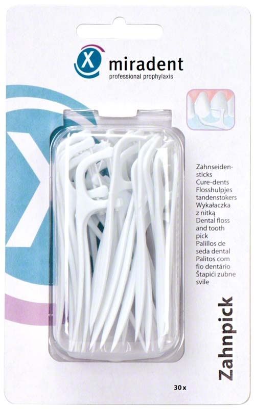 Zahnpick Box mit 30 weißen Zahnseidenhaltern von miradent.