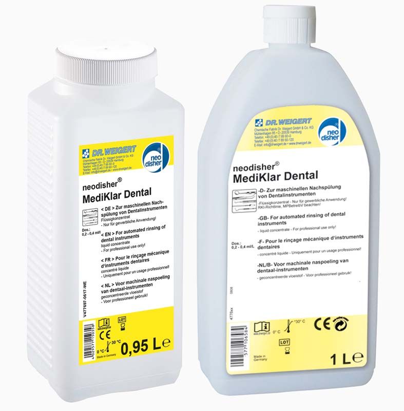 neodisher® MediKlar Dental Nachspülmittel Flaschen, 0,95 und 1 Liter, für Dentalinstrumente.