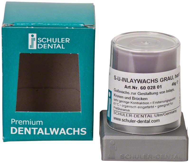 S-U-Inlaywachs grau, hart in Verpackung neben Schuler Dental Box.