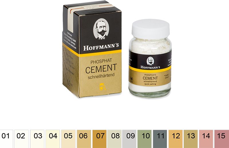 Hoffmann's Phosphat Cement 100g Pulver mit Verpackung und Farbskala.