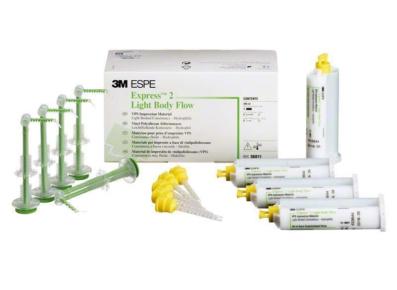 3M Express 2 Light Body Flow Abformmaterial mit Zubehör und Verpackung.