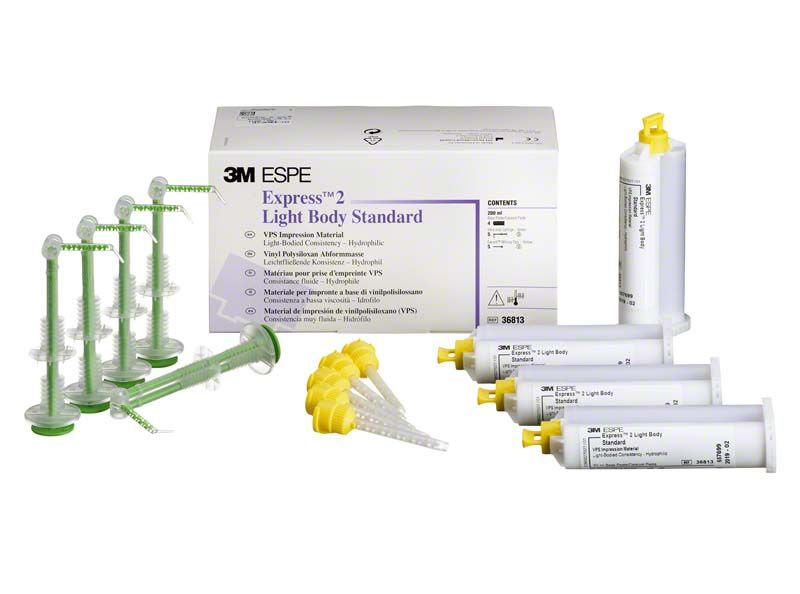 Express 2 Light Body Standard Abformmaterial mit Dispenserzubehör auf weißem Hintergrund.
