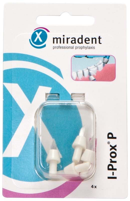 I-Prox® P Ersatzbürsten auf Blisterverpackung mit Zahnpflegedetails.