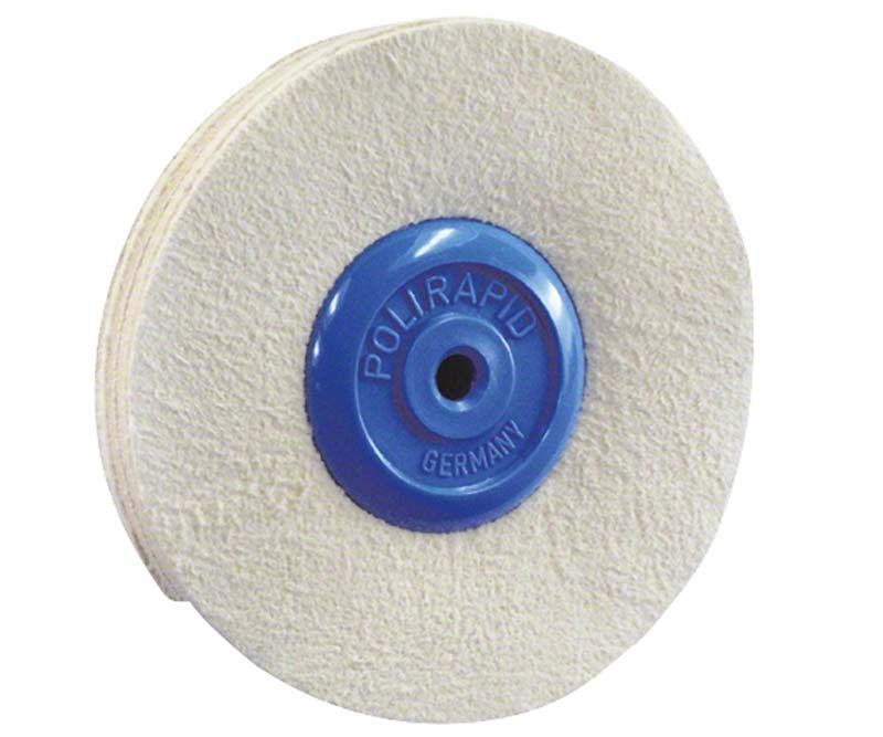 Wildlederschwabbel mit blauem Kunststoffkern und Aufschrift "Polirapid Germany".