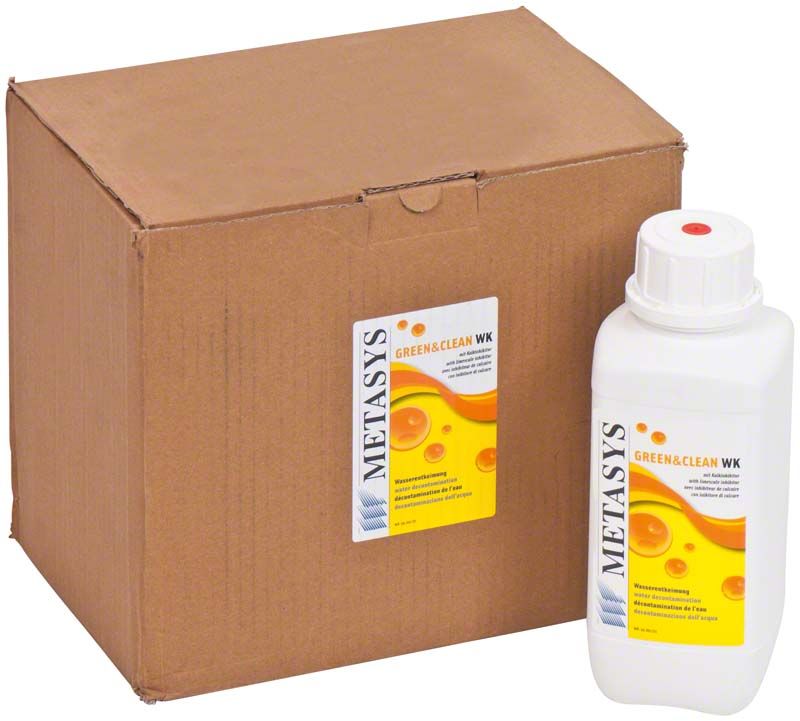 Karton mit sechs Flaschen GREEN&CLEAN WK Wasserstoffperoxid-Lösung von Metasys.