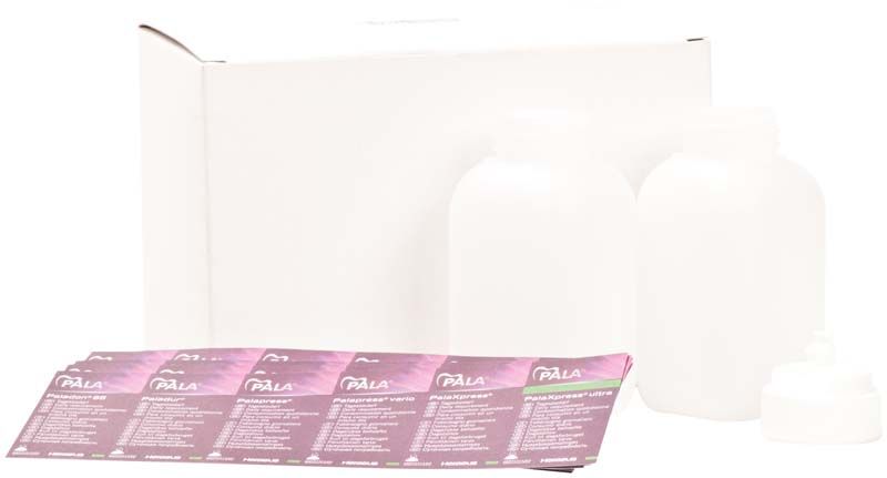 Pulverflaschen 100g leer mit PalaXpress®-Verpackung und Zubehör.