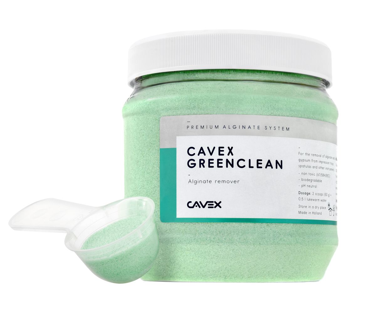 Cavex GreenClean Reinigungspulver in grünem Behälter mit Messlöffel.