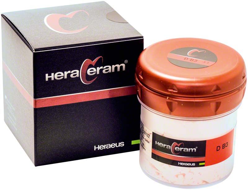 HeraCeram® Dentin DB3 100g in Kunststoffdose neben Verpackung.