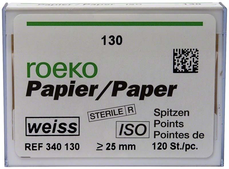 ROEKO Papierspitzen weiss Gr. 130, sterile Verpackung mit ISO-Zertifizierung.