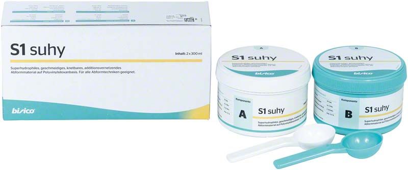 Hochpräzises S1 suhy A-Silikon Abformmaterial von Medic-Star mit Verpackung und Messlöffeln.