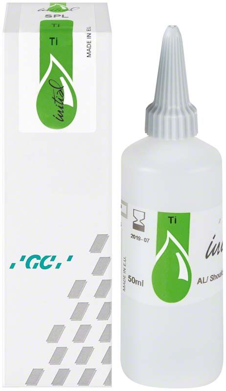 Flasche GC Initial Ti Shoulder Liquid 50ml mit Verpackung und grünem Logo.