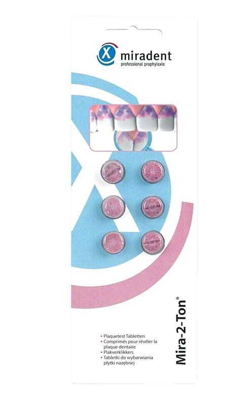 Mira-2-Ton® Plaquetest-Tablettenverpackung mit sechs Tabletten auf weißem Hintergrund.