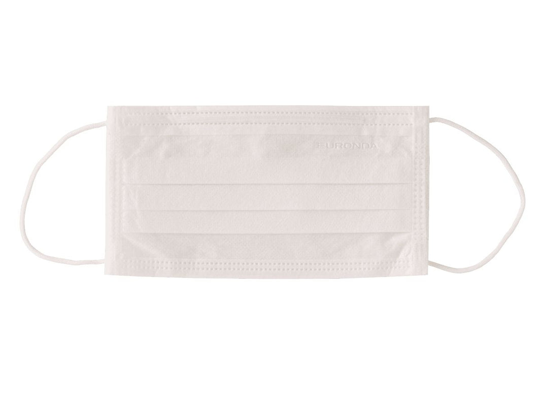 3-lagiger weißer Mundschutz mit Gummizug und Metall-Nasenbügel.