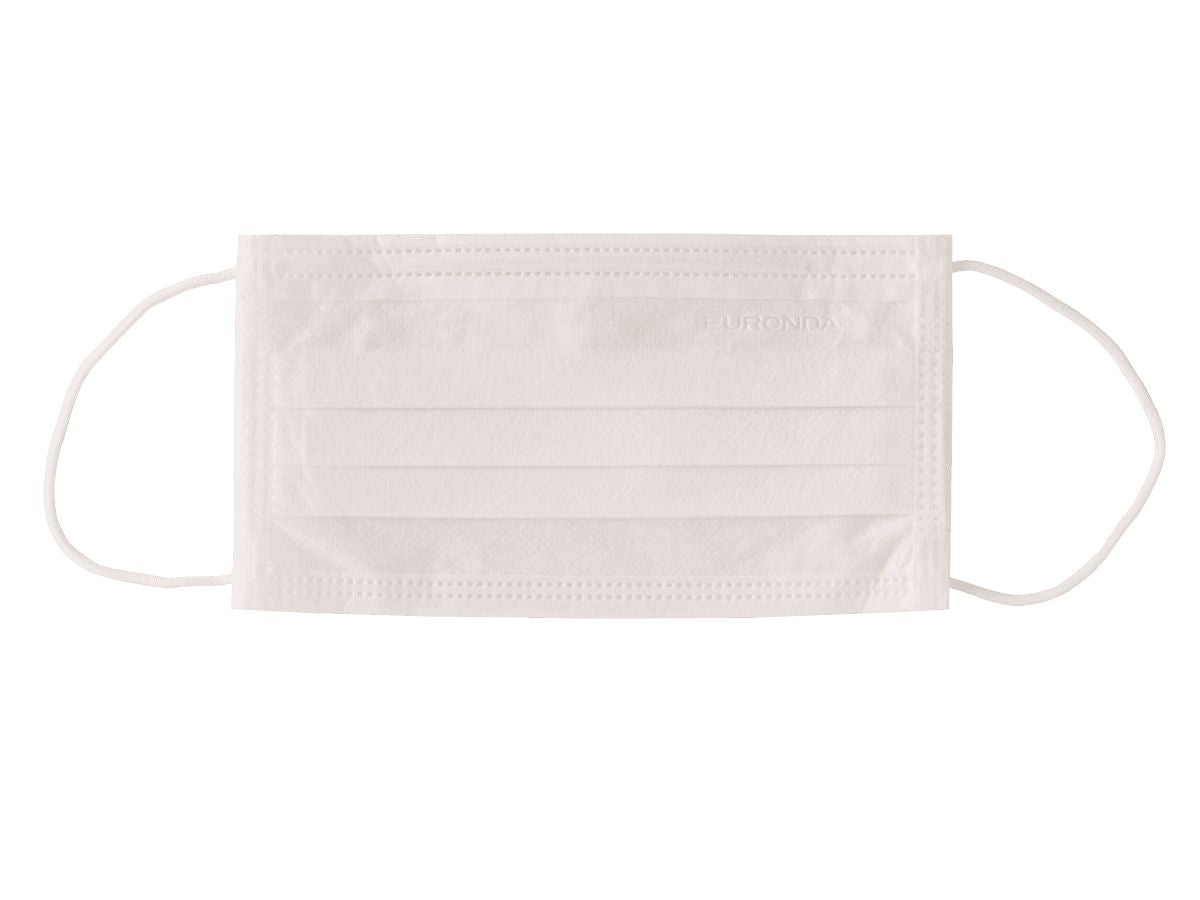 3-lagiger weißer Mundschutz mit Gummizug und Metall-Nasenbügel.