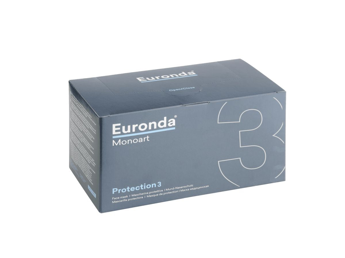 Monoart Mundschutz Verpackung mit Produktdetails und Logo auf grauem Hintergrund.