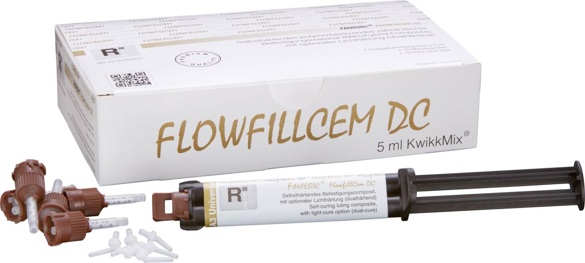 Selbsthärtender Befestigungskomposit FANTESTIC ® FLOWFILLCEM DC A3 mit Zubehör und Verpackung.