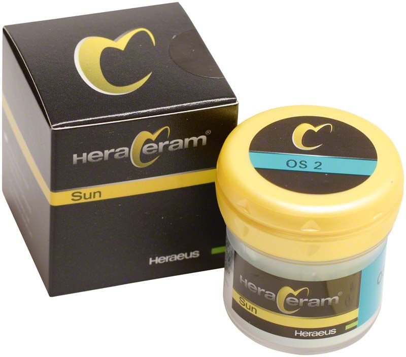 HeraCeram®Sun Opalschneide 20g OS2 in gelbem Behälter mit Verpackungsbox.