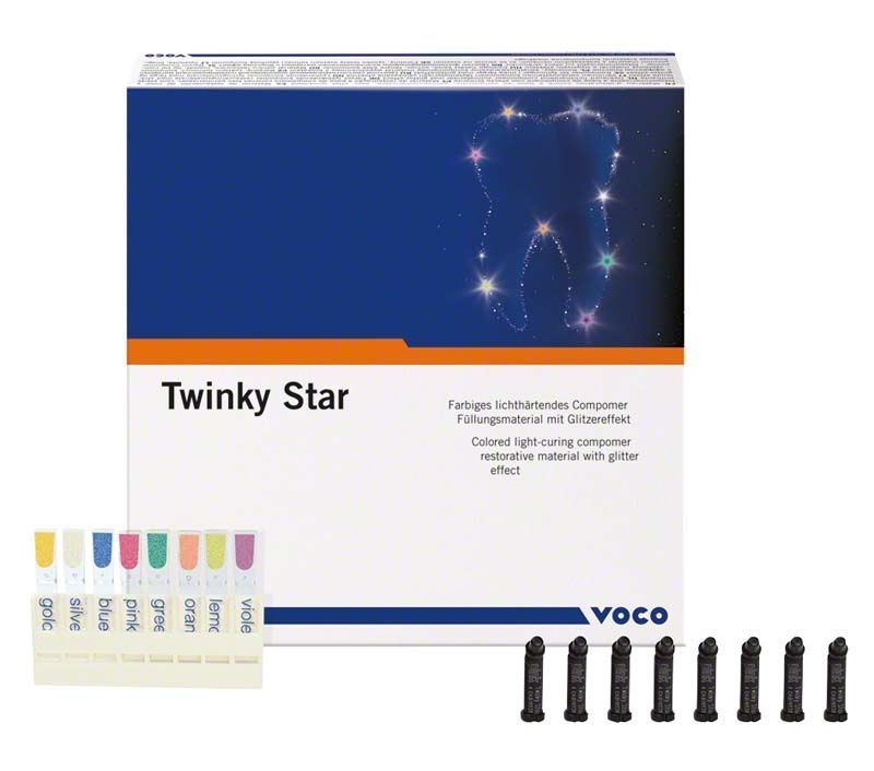 Twinky Star Caps Set mit farbigem lichthärtendem Füllungsmaterial und Glitzereffekt.