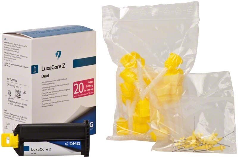 LuxaCore Z - Dual Automix A3 Kartusche mit Verpackung und Zubehör.