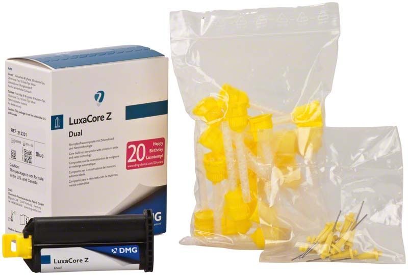 LuxaCore Z - Dual Automix Kartusche mit Zubehör und Verpackung.