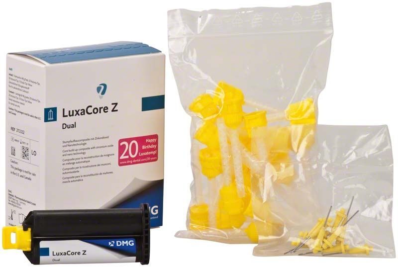 LuxaCore Z - Dual Automix Kartusche mit Zubehör und Verpackung.