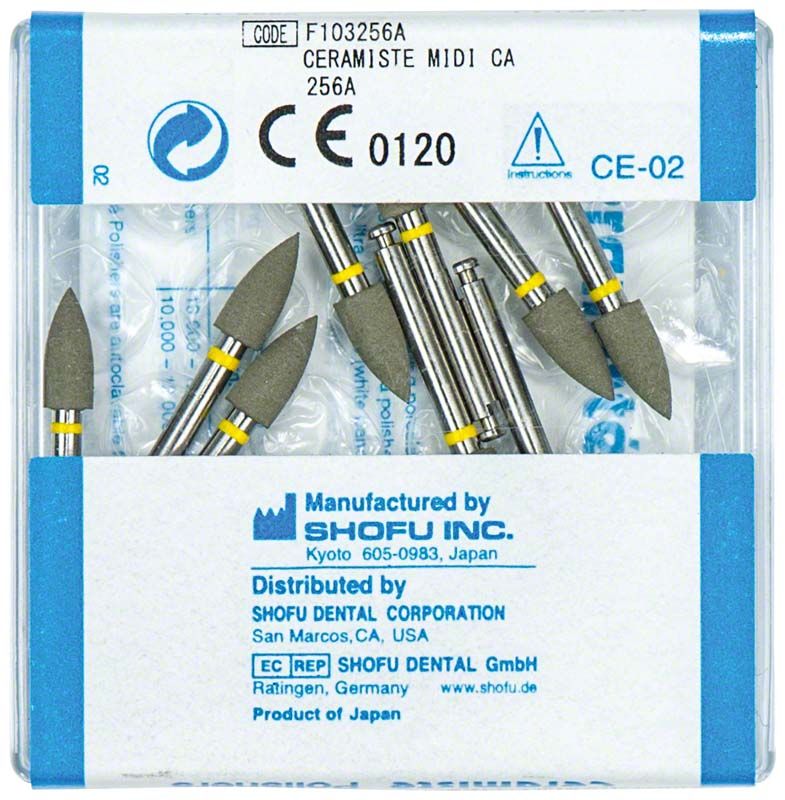 Ceramisté Ultra CA Midispitze im Originalverpackung mit Polieraufsätzen sichtbar.