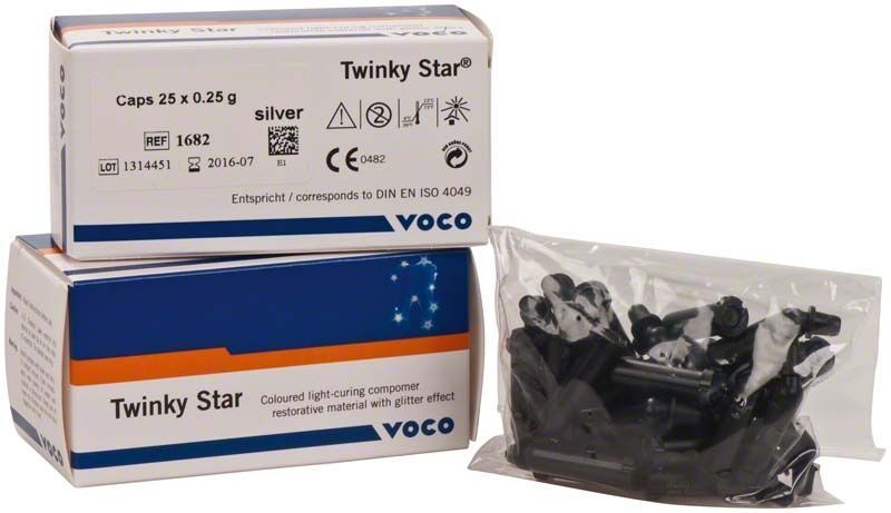 Twinky Star Caps silber in Verpackung mit Glitzereffekt, 25 x 0,25 g.