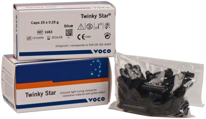 Twinky Star Caps blau Compomer-Füllungsmaterial mit Glitzerpartikeln in Verpackung.