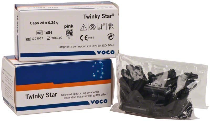 Twinky Star Caps pink Verpackung mit Glitzer-Effekt Compomer Füllmaterial.