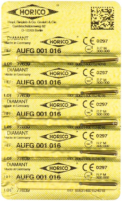 Blisterpackung mit sieben Löwenschleifer AuFG 001 016 Diamant-Instrumenten.