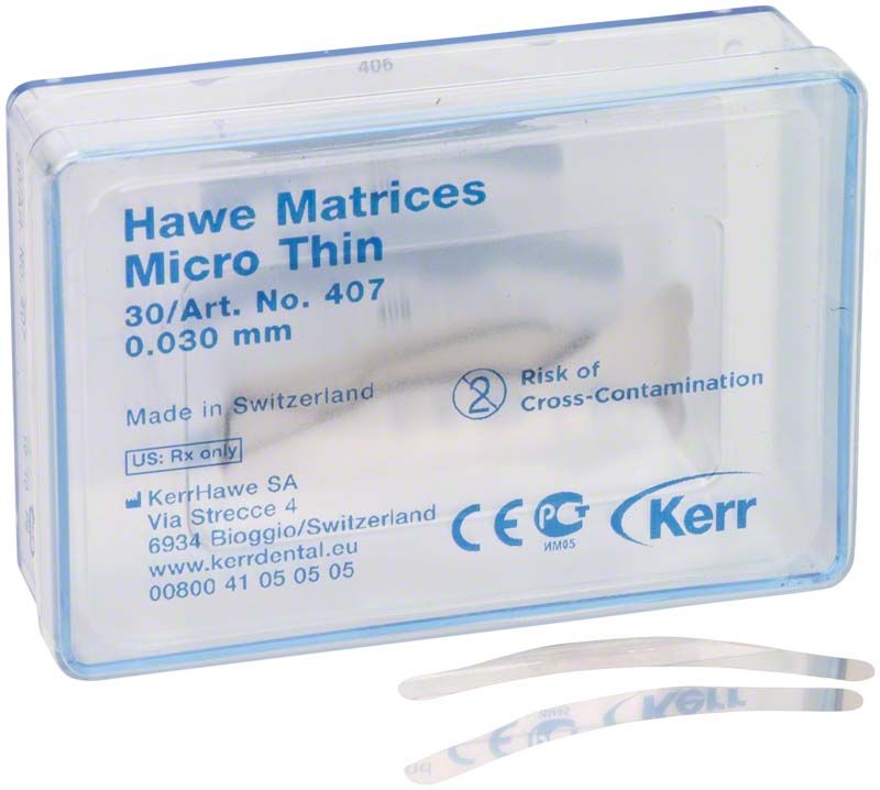 Hawe Matrizen mikrodünn Nr. 407 in transparenter Kunststoffverpackung.