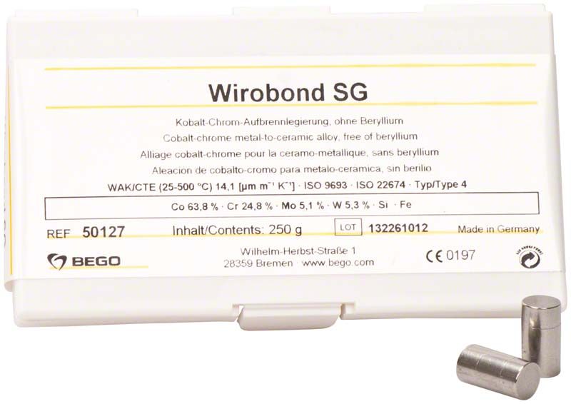 Wirobond SG Kobalt-Chrom-Legierung 250g Verpackung mit Produktinformation.