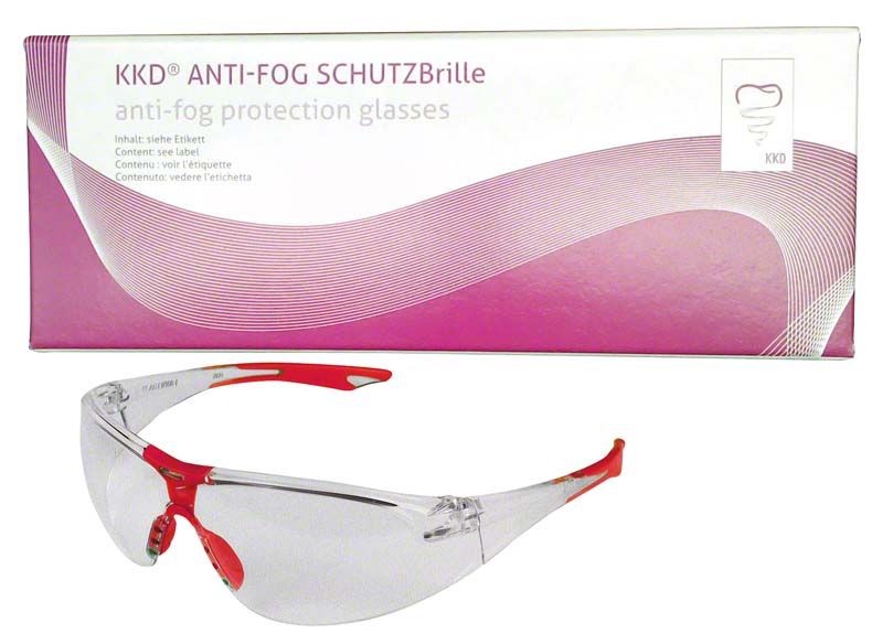Anti-Fog Schutzbrille mit rotem Rahmen vor Verpackung mit Markenlogo.