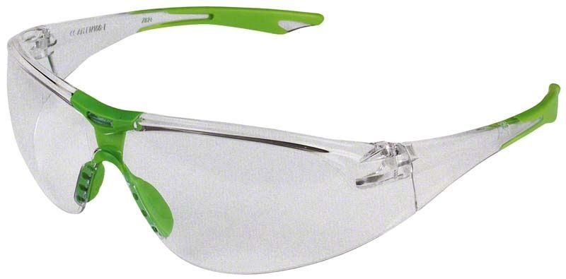 Anti-Fog Schutzbrille New Style mit grünem Design und klarer Polycarbonatscheibe.