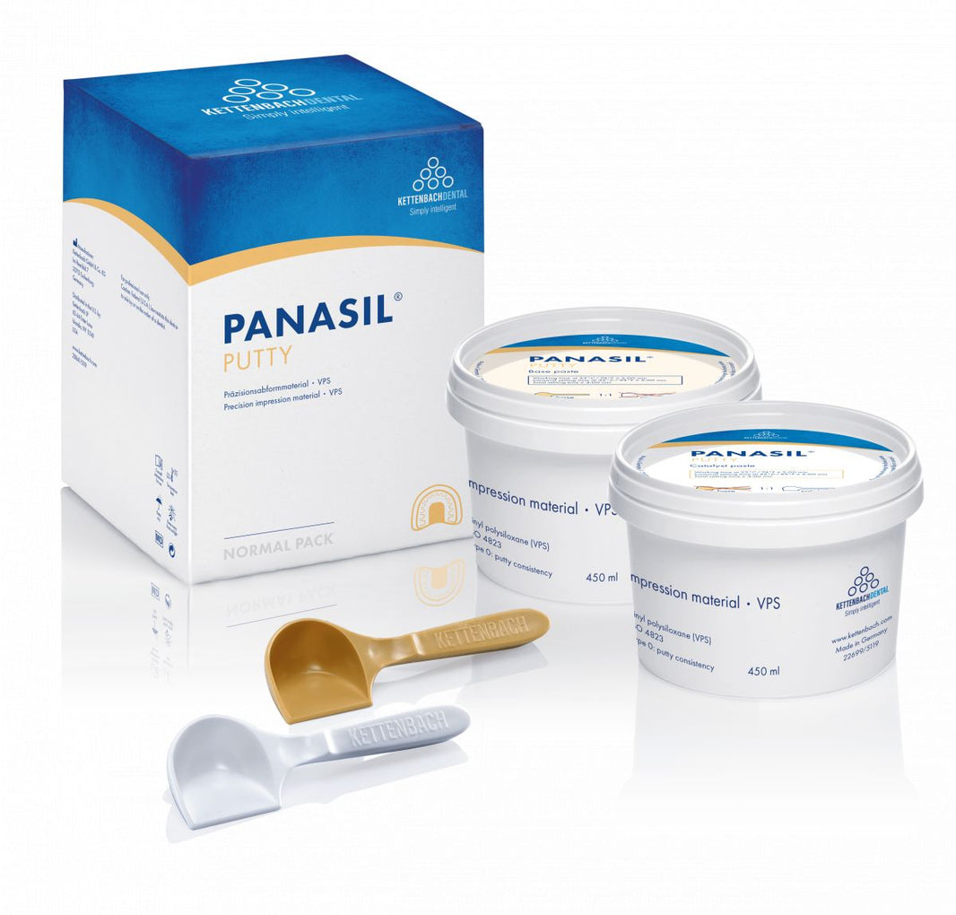 Panasil Putty Normal Pack mit zwei 450ml Behältern und Messlöffeln.