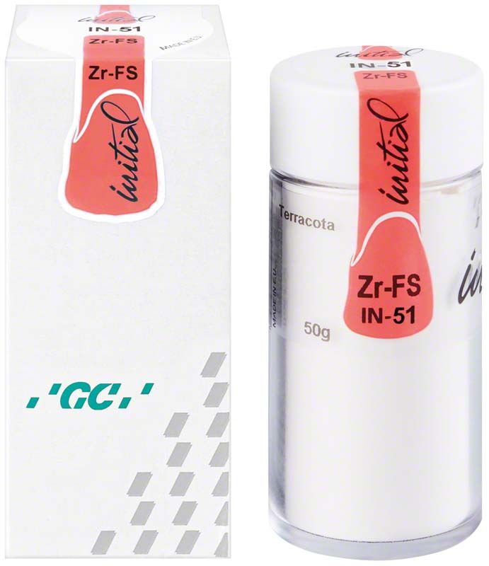 GC Initial Zr-FS IN-51 Olive Zahntechnikerpulver, 50g Dose mit Verpackung.