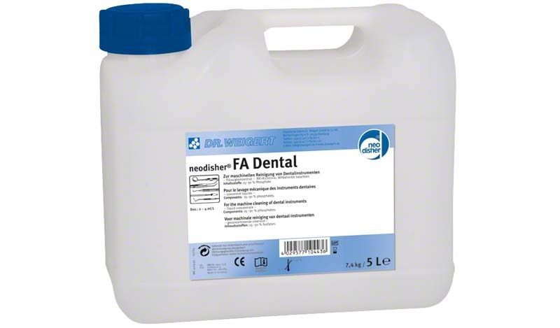 Alkalischer Reiniger neodisher® FA Dental in weißem Kanister mit Etikett.