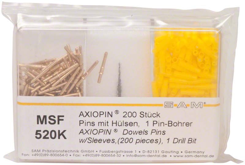 Axiopin Starter Kit mit Bohrer und gelben Stiften in Kunststoffbox.