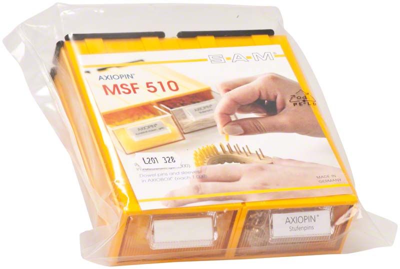 Axiopin Stufenpins mit Hülsen in transparenter Axiobox-Verpackung.