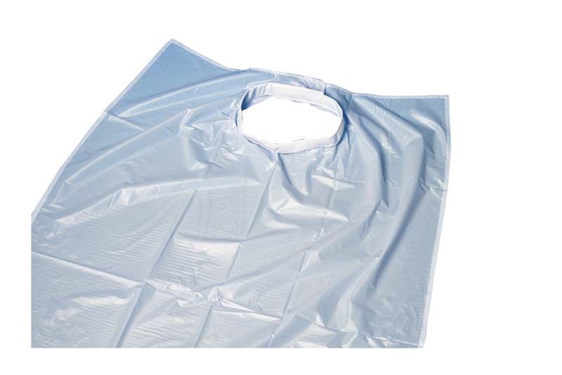 Waschbarer ROEKO Denta Patientenumhang aus Kunststoff mit Auffangtasche.