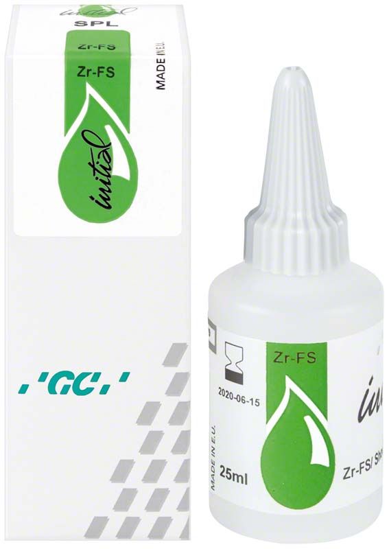 Weiße Flasche GC Initial Zr-FS Shoulder Liquid 25ml mit grünem Etikett.