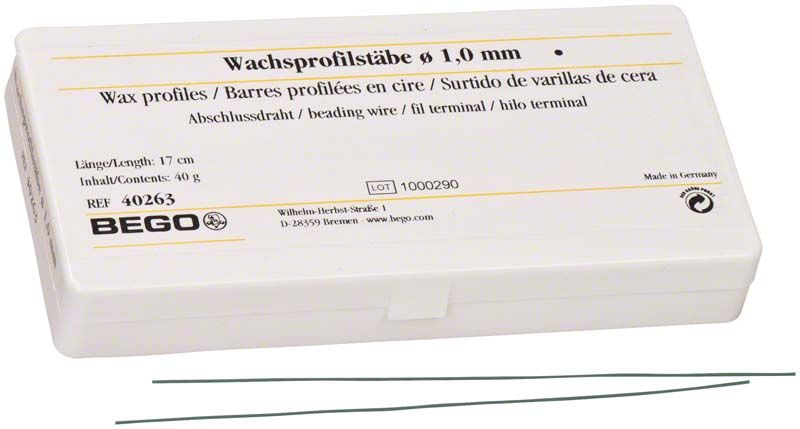 Wachsprofilstäbe Abschlußdraht 1,0mm in Kunststoffverpackung mit Produktinformationen.