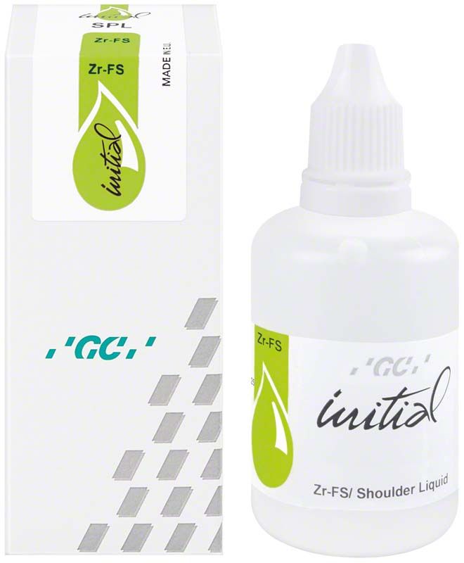 Flasche GC Initial Zr-FS Shoulder Liquid 50ml neben Verpackung.