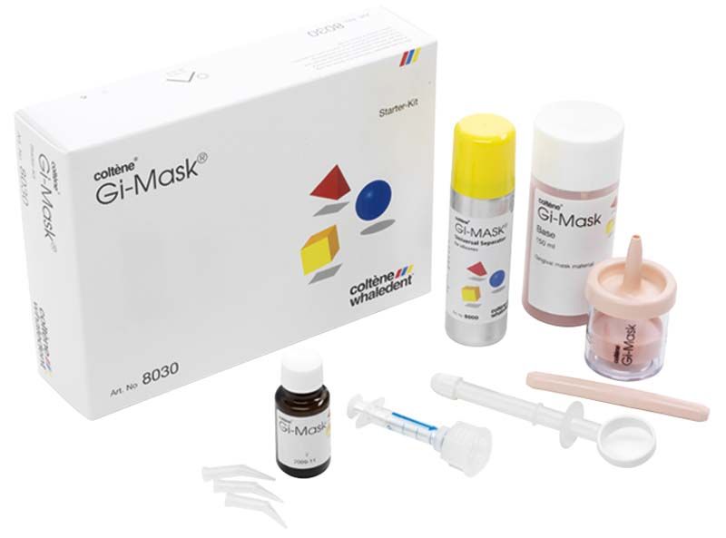 Gi-Mask Starter-Kit mit Box, Flaschen und Zubehör auf weißem Hintergrund.