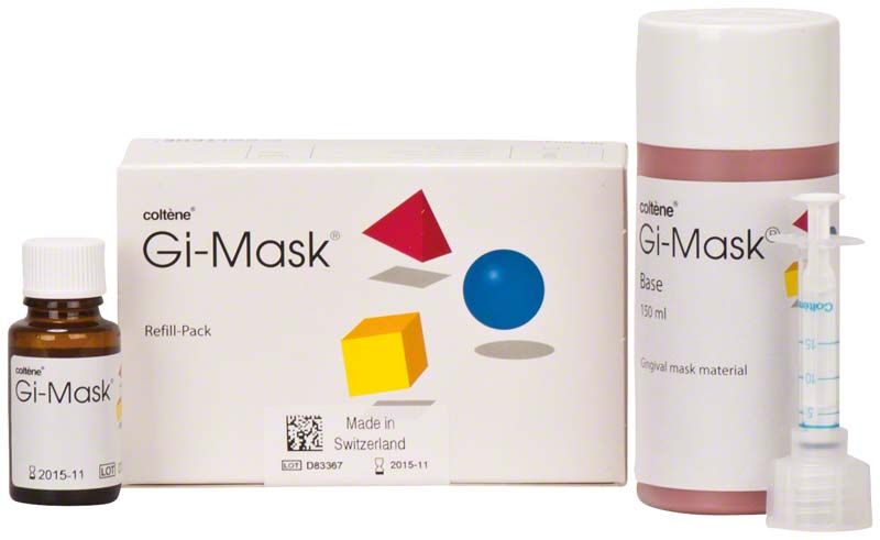 Gi-Mask Refill-Kit mit Basisflasche, Fläschchen und Spritze auf weißem Hintergrund.