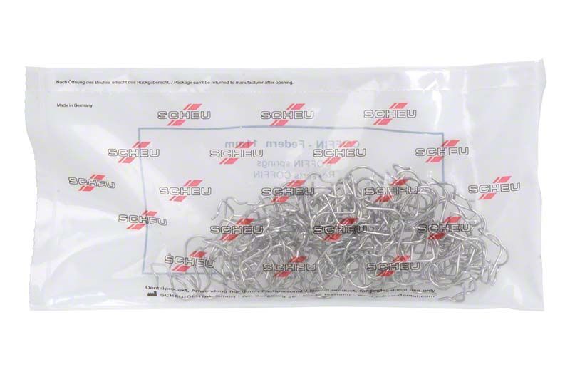 Transparente Verpackung mit 100 U-förmigen Coffin-Federn aus Metall.